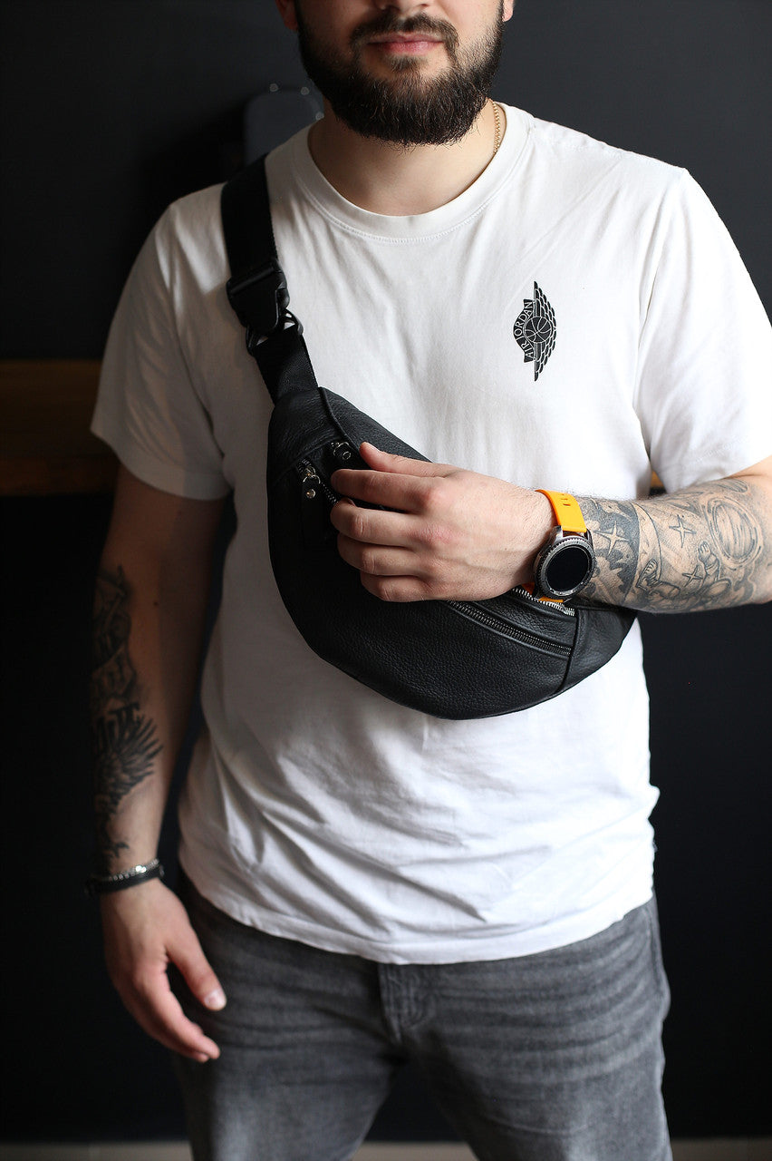 Handmade Mens Black Leather Waist Bag Gift For Him