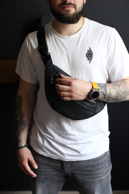 Handmade Mens Black Leather Waist Bag Gift For Him