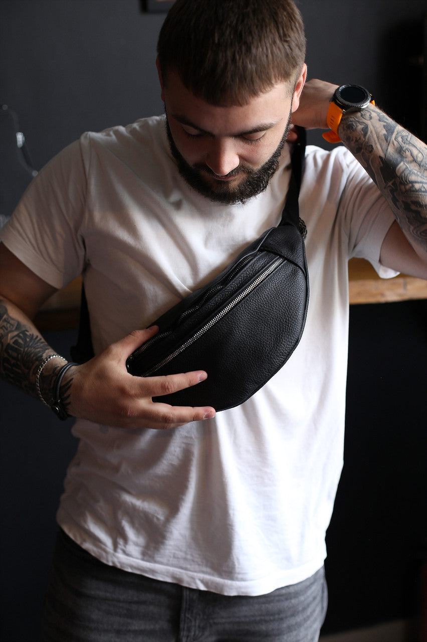 Handmade Mens Black Leather Waist Bag Gift For Him