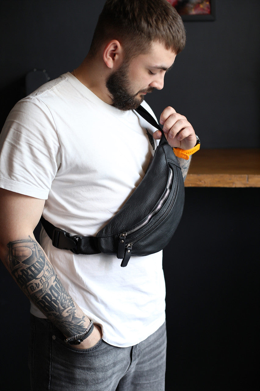 Handmade Mens Black Leather Waist Bag Gift For Him