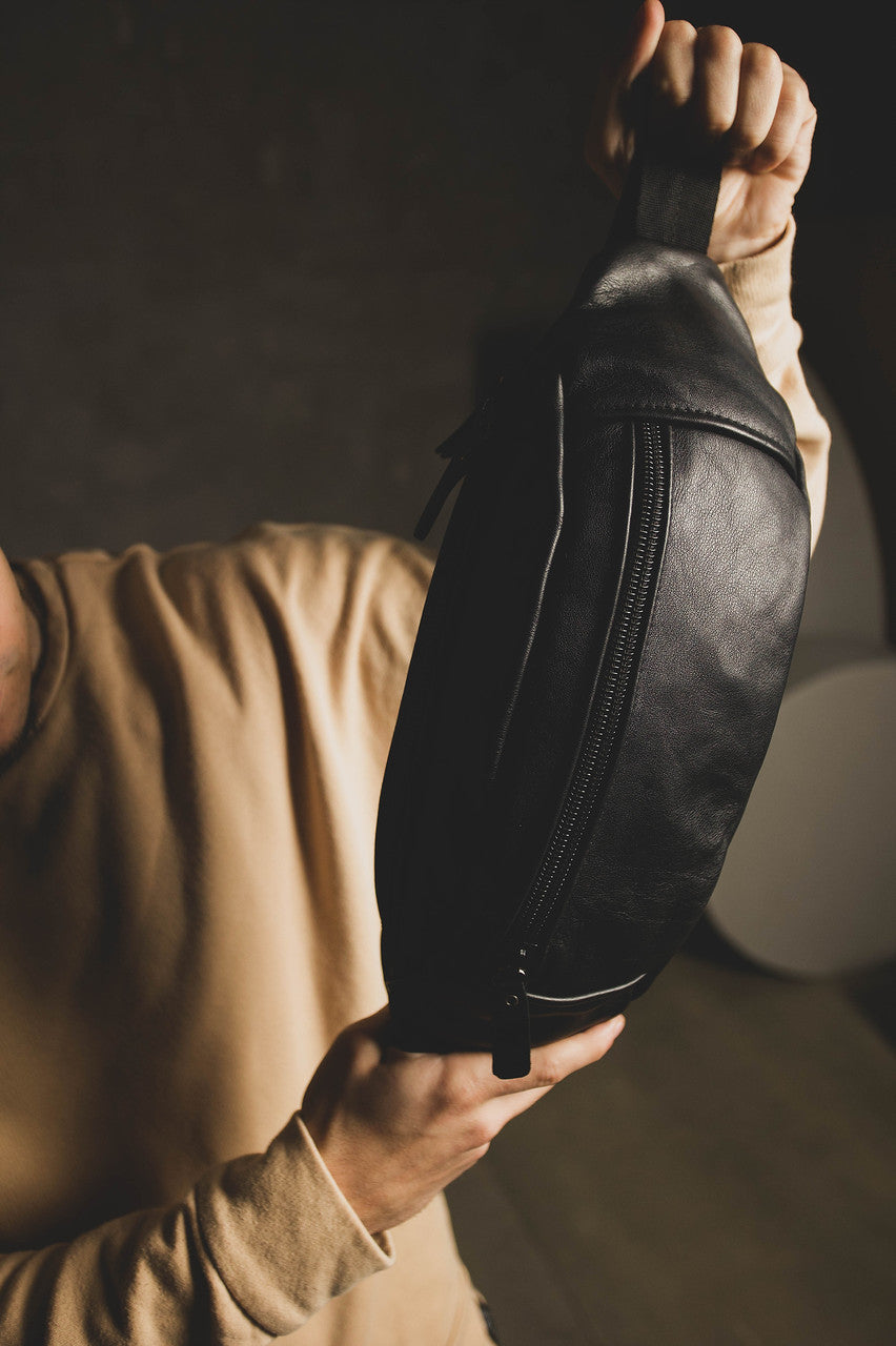 Handmade Genuine Leather Black Mens Belt Bag Waist Bag Gift for Him