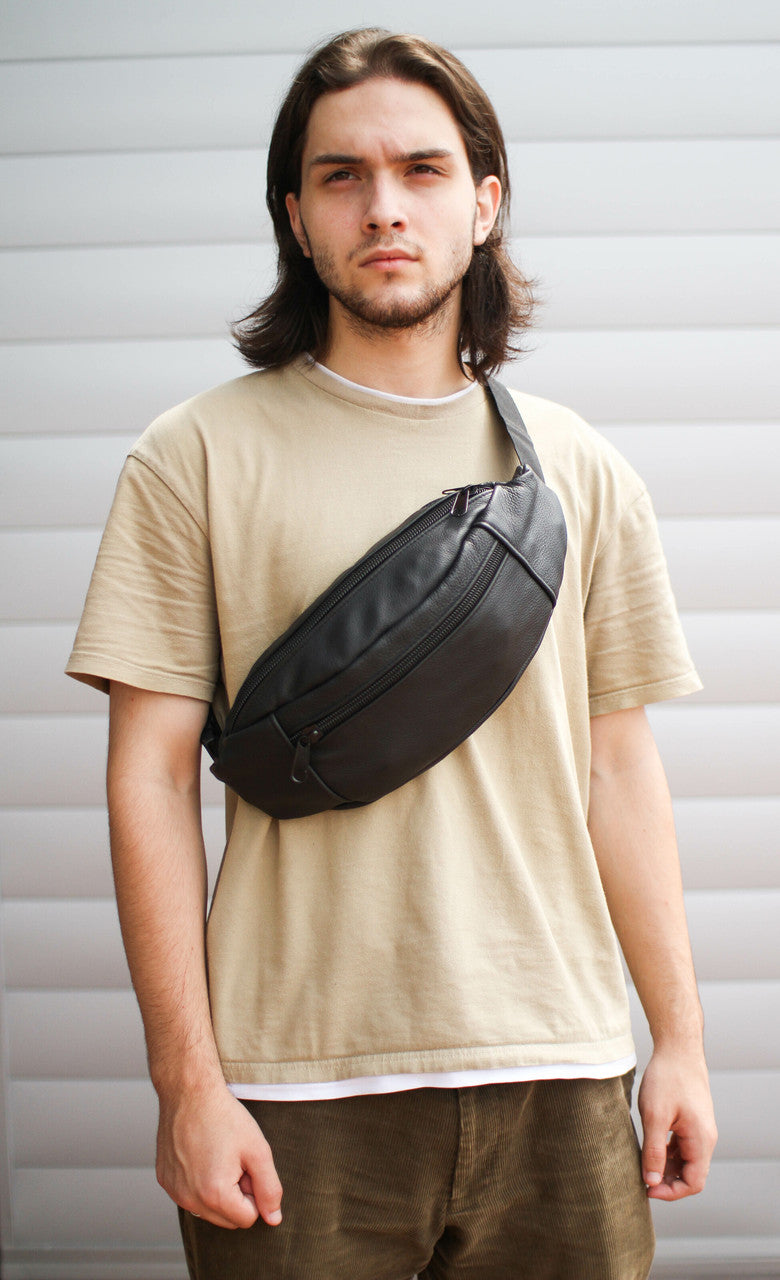 Handmade Mens Black Leather Banana Bag Waist Pack Gift for Him
