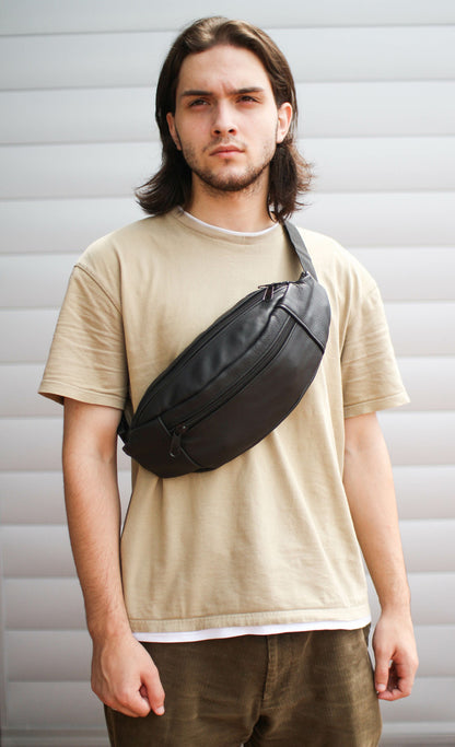 Handmade Mens Black Leather Banana Bag Waist Pack Gift for Him