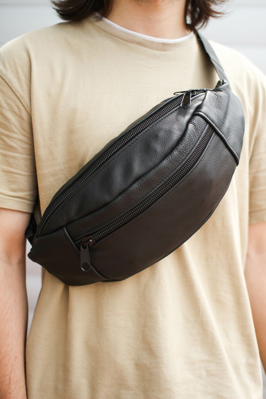 Handmade Mens Black Leather Banana Bag Waist Pack Gift for Him