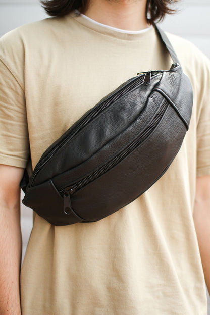 Handmade Mens Black Leather Banana Bag Waist Pack Gift for Him