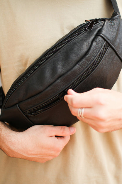 Handmade Mens Black Leather Banana Bag Waist Pack Gift for Him