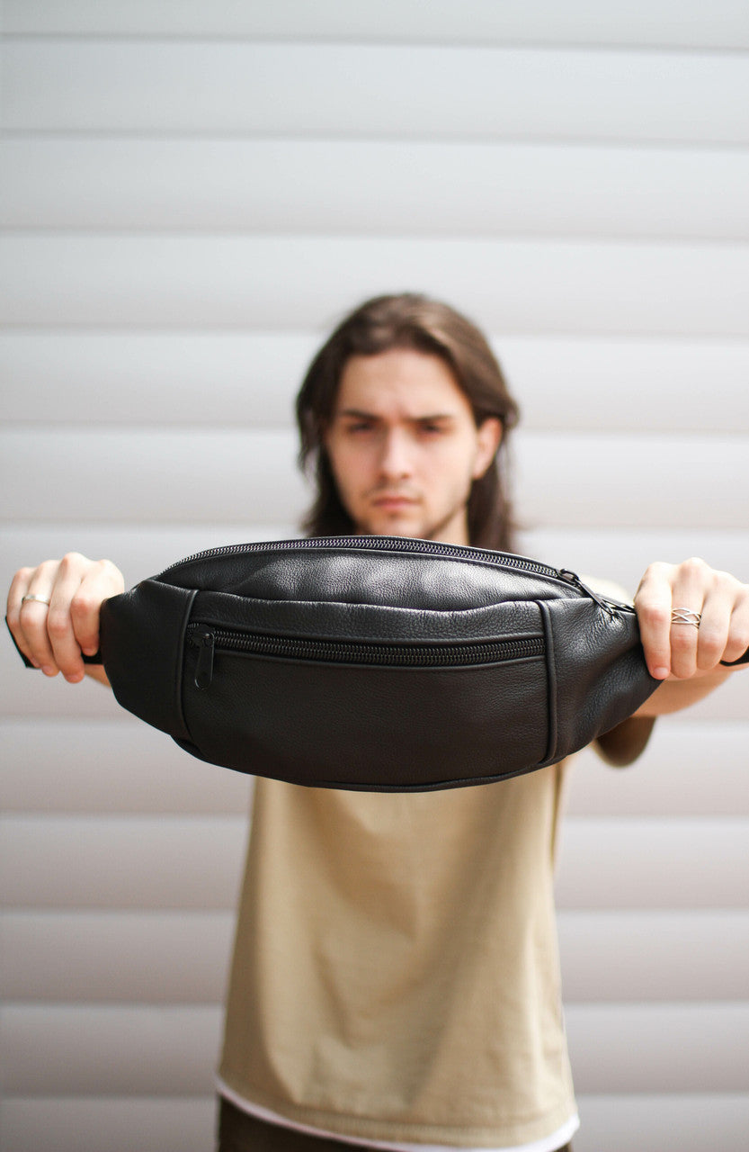 Handmade Mens Black Leather Banana Bag Waist Pack Gift for Him