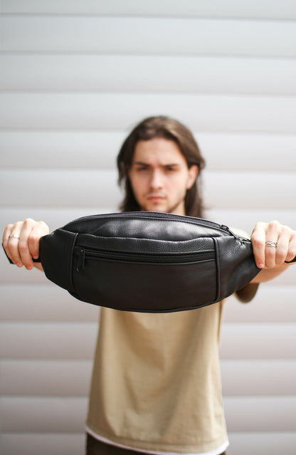 Handmade Mens Black Leather Banana Bag Waist Pack Gift for Him