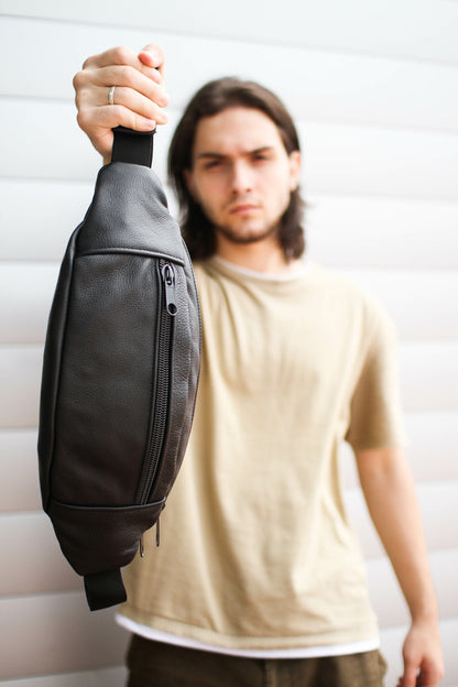 Handmade Mens Black Leather Banana Bag Waist Pack Gift for Him