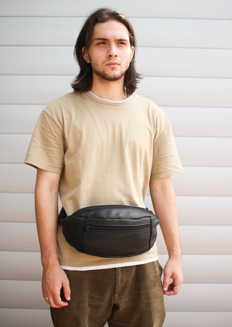 Handmade Mens Black Leather Banana Bag Waist Pack Gift for Him