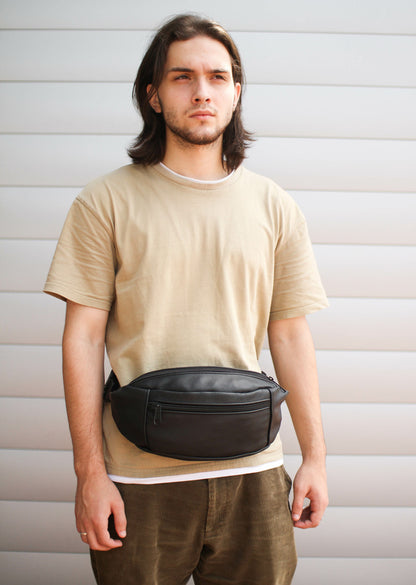 Handmade Mens Black Leather Banana Bag Waist Pack Gift for Him