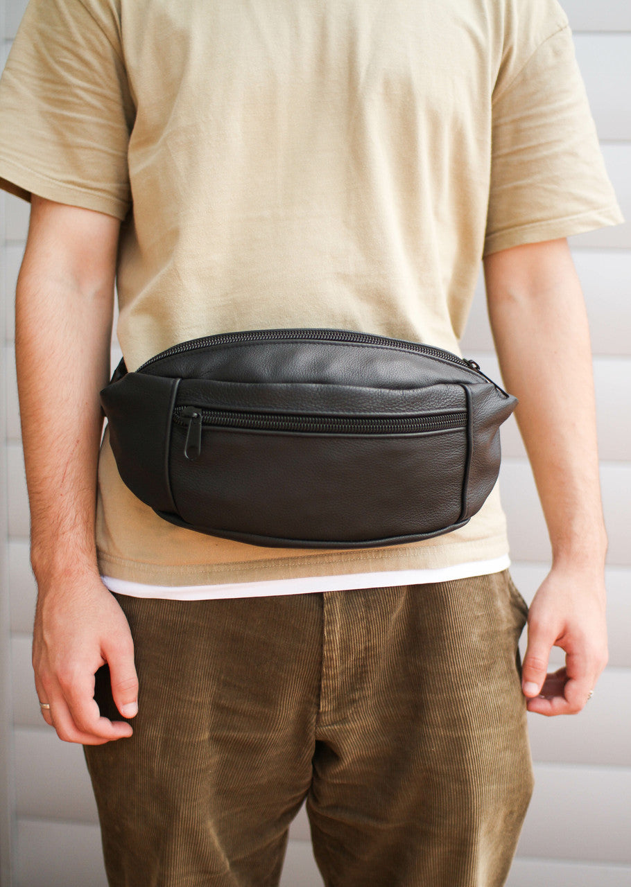Handmade Mens Black Leather Banana Bag Waist Pack Gift for Him