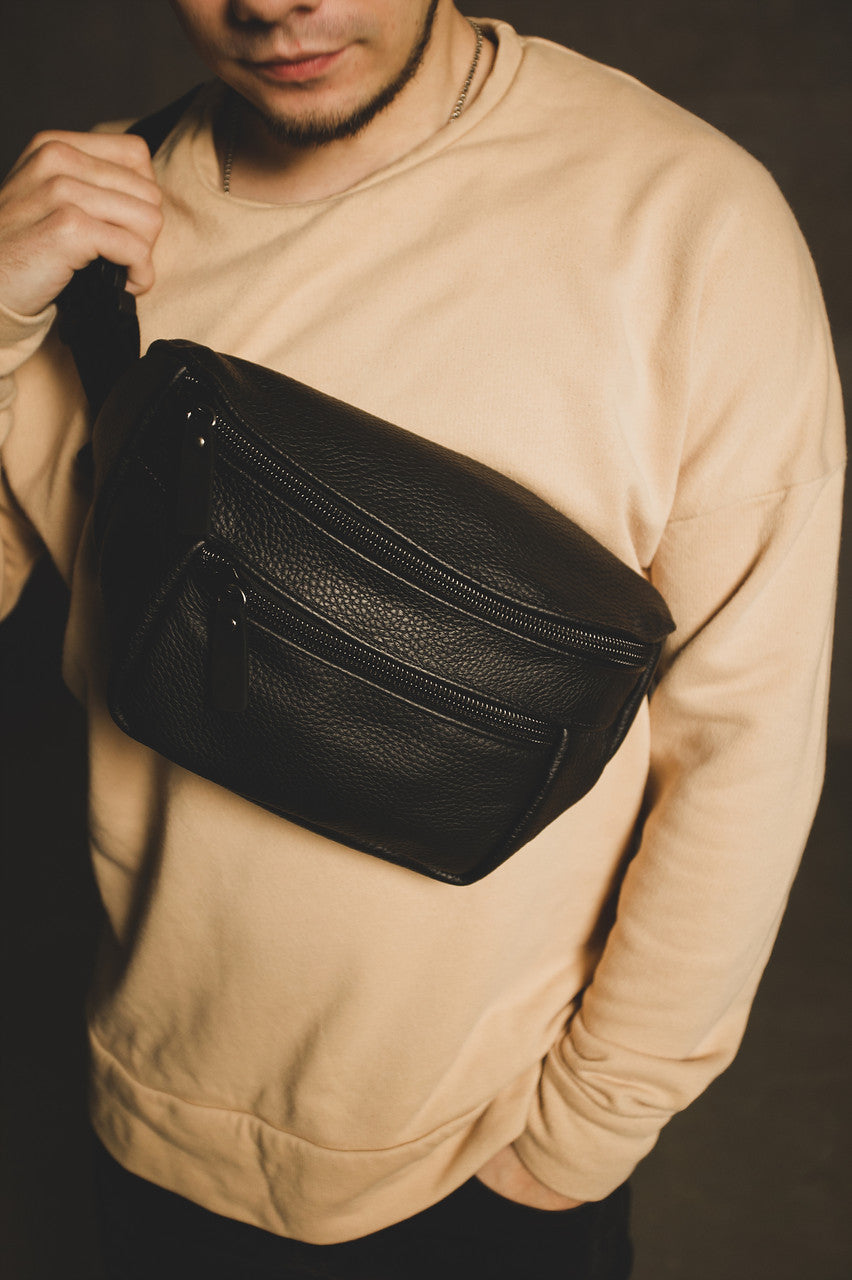 Handmade Genuine Leather Mens Belt Bag Black Gift For Him