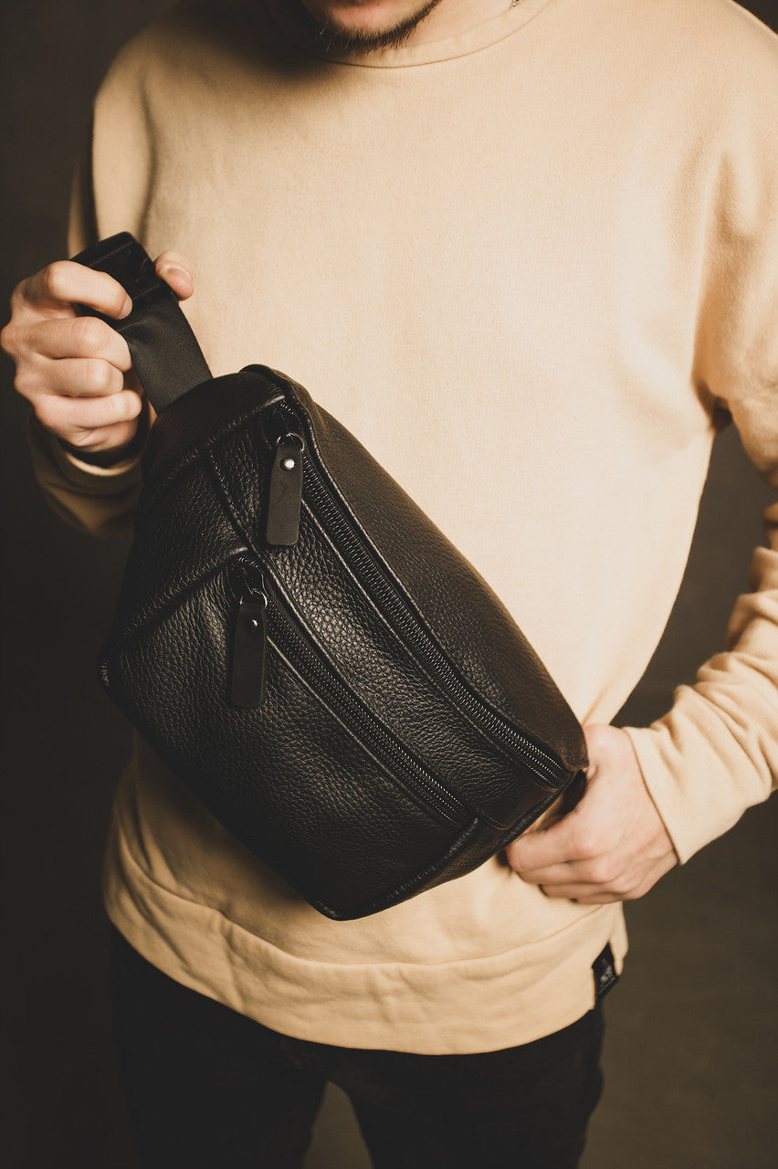 Handmade Genuine Leather Mens Belt Bag Black Gift For Him