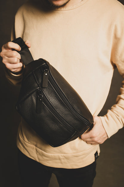 Handmade Genuine Leather Mens Belt Bag Black Gift For Him