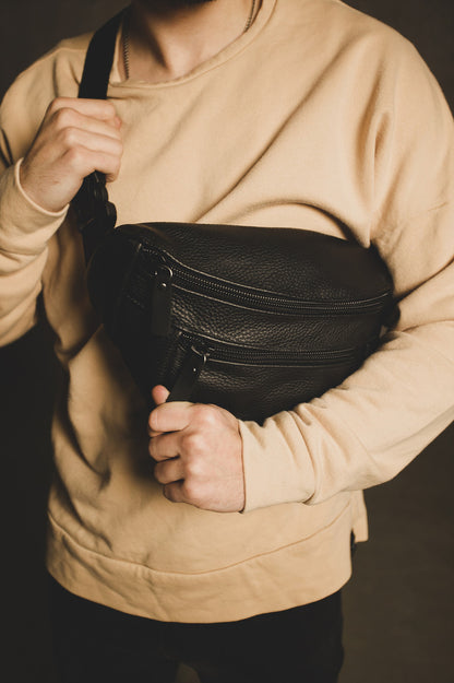 Handmade Genuine Leather Mens Belt Bag Black Gift For Him