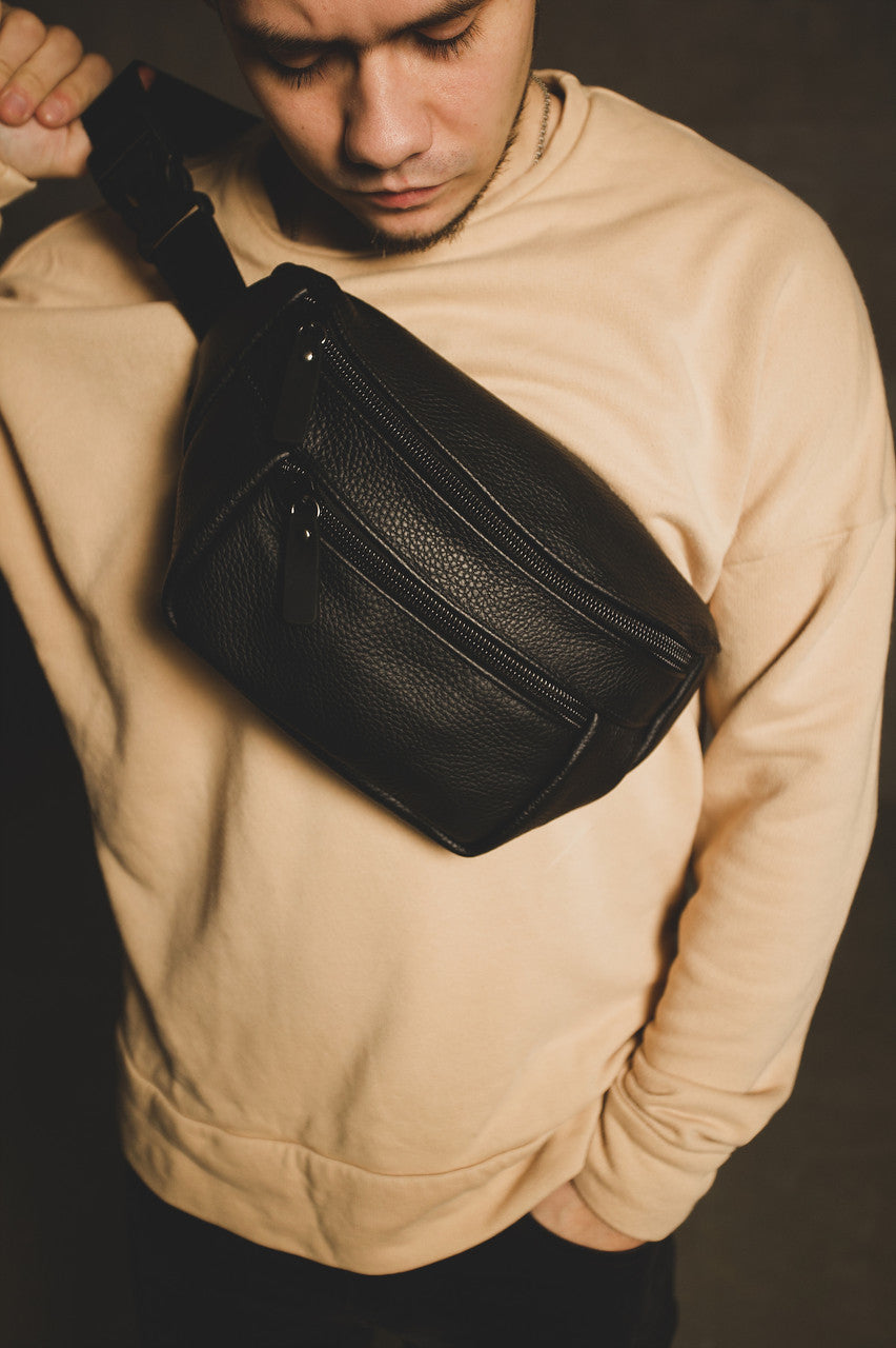 Handmade Genuine Leather Mens Belt Bag Black Gift For Him