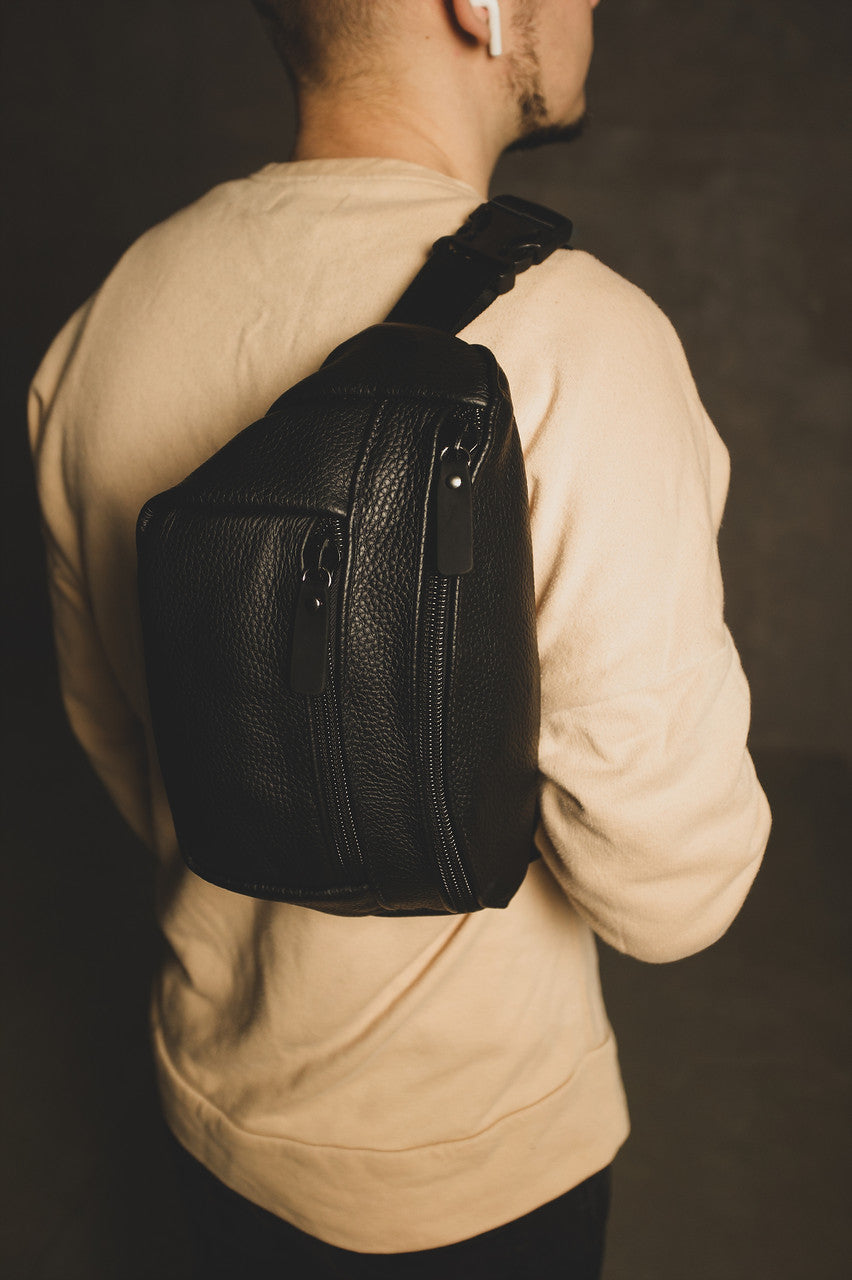 Handmade Genuine Leather Mens Belt Bag Black Gift For Him