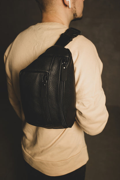 Handmade Genuine Leather Mens Belt Bag Black Gift For Him