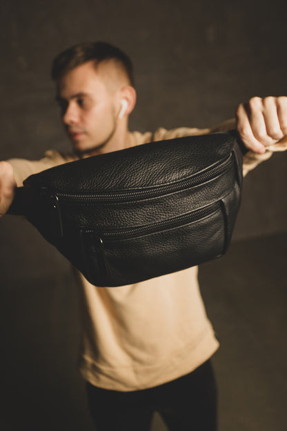 Handmade Genuine Leather Mens Belt Bag Black Gift For Him