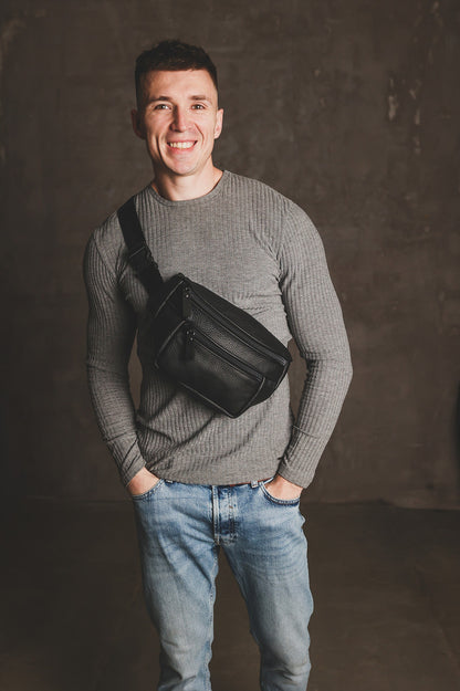 Handmade Black Genuine Leather Mens Banana Bag Waist Fanny Pack Gift for Him