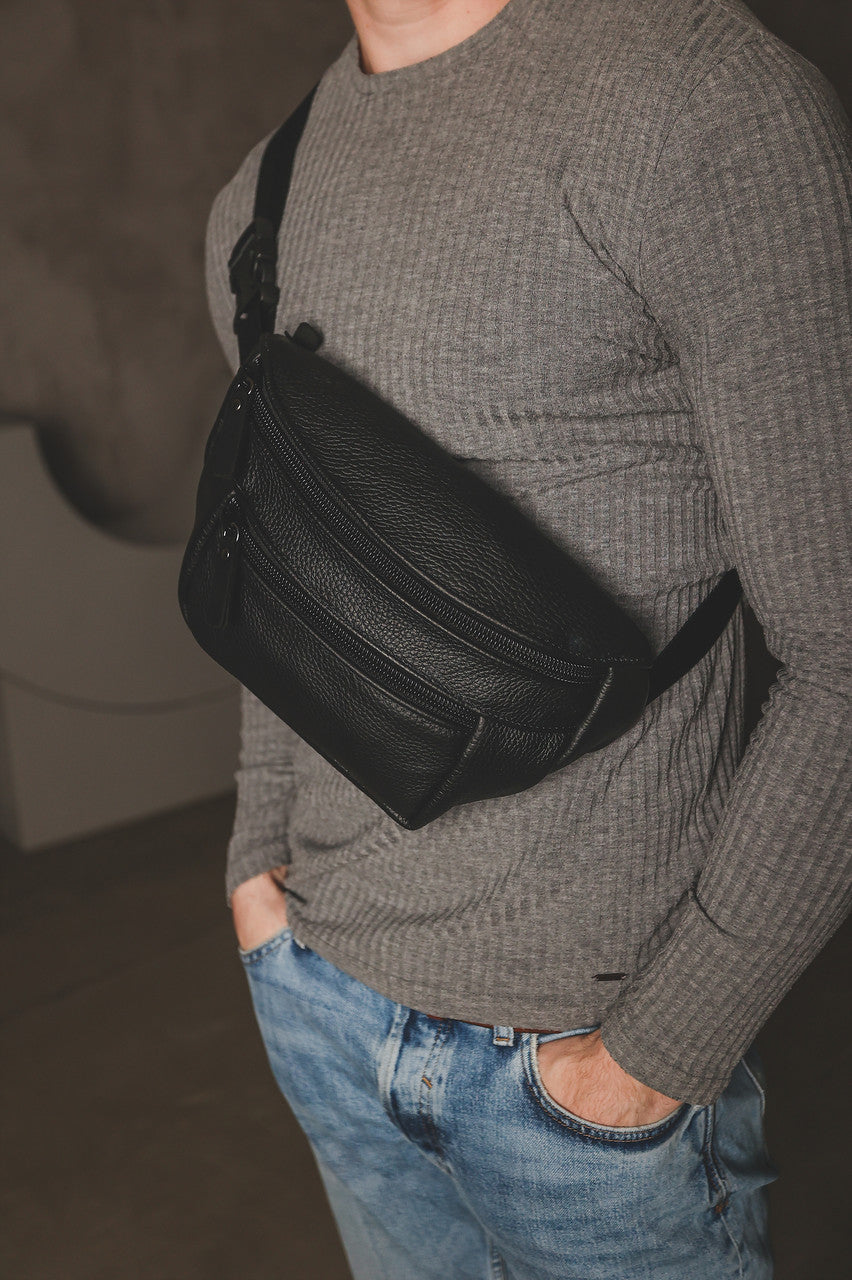 Handmade Black Genuine Leather Mens Banana Bag Waist Fanny Pack Gift for Him