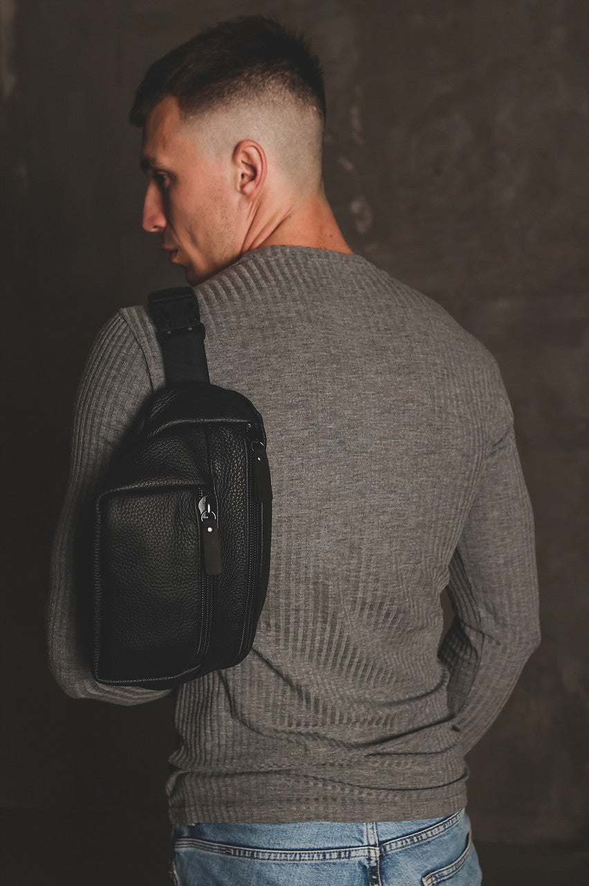 Handmade Black Genuine Leather Mens Banana Bag Waist Fanny Pack Gift for Him