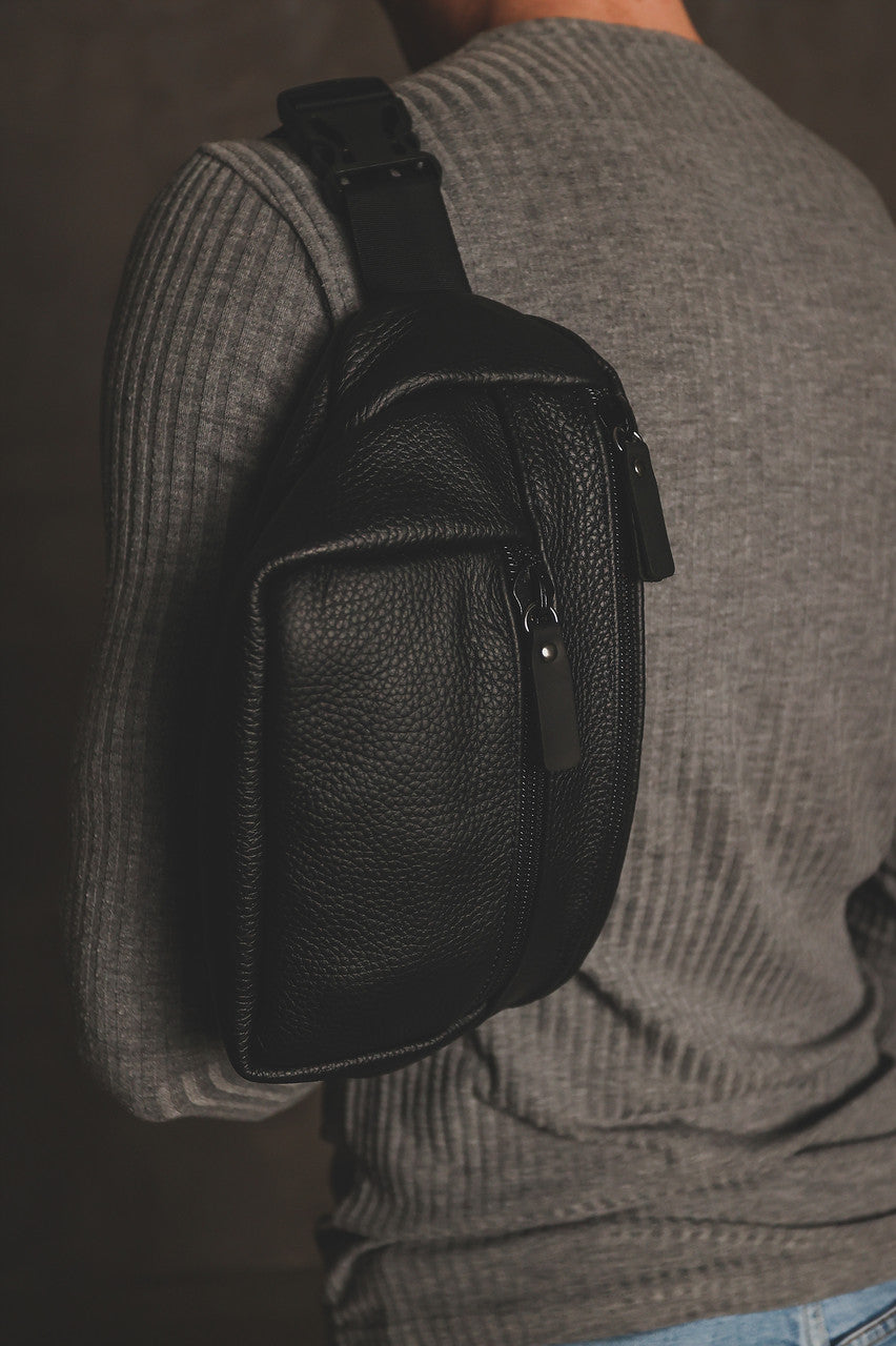 Handmade Black Genuine Leather Mens Banana Bag Waist Fanny Pack Gift for Him