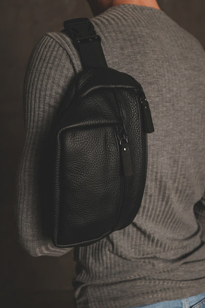 Handmade Black Genuine Leather Mens Banana Bag Waist Fanny Pack Gift for Him