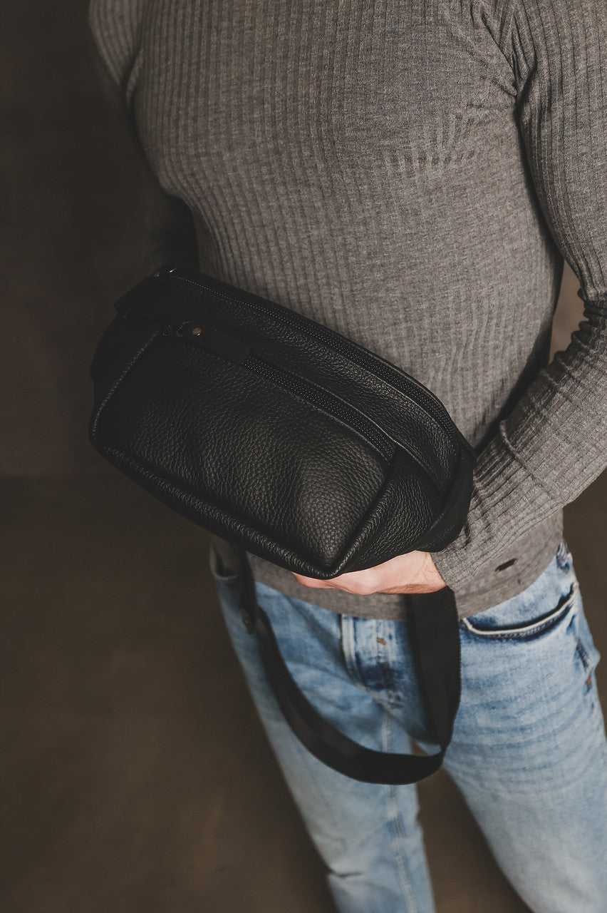 Handmade Black Genuine Leather Mens Banana Bag Waist Fanny Pack Gift for Him
