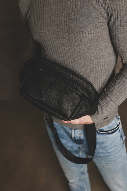 Handmade Black Genuine Leather Mens Banana Bag Waist Fanny Pack Gift for Him