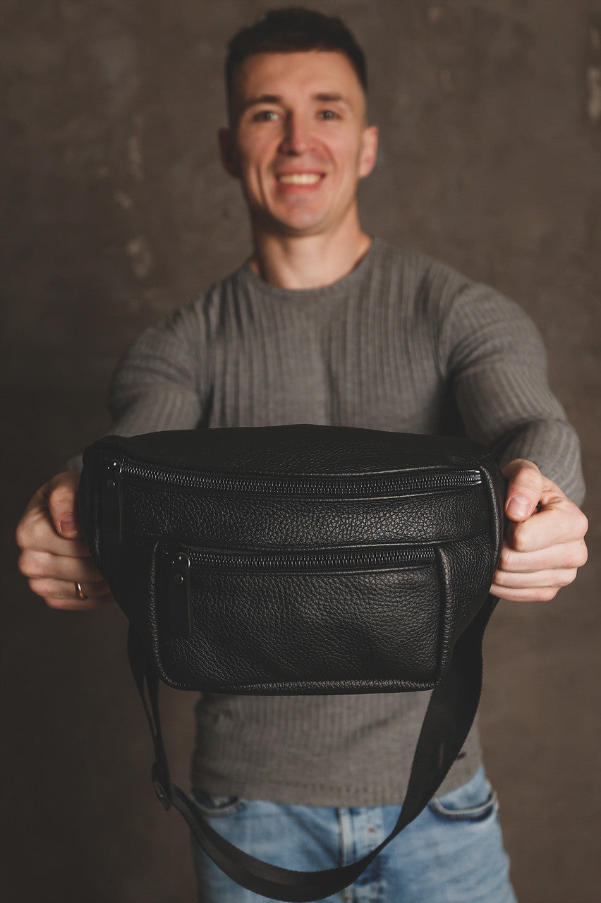 Handmade Black Genuine Leather Mens Banana Bag Waist Fanny Pack Gift for Him