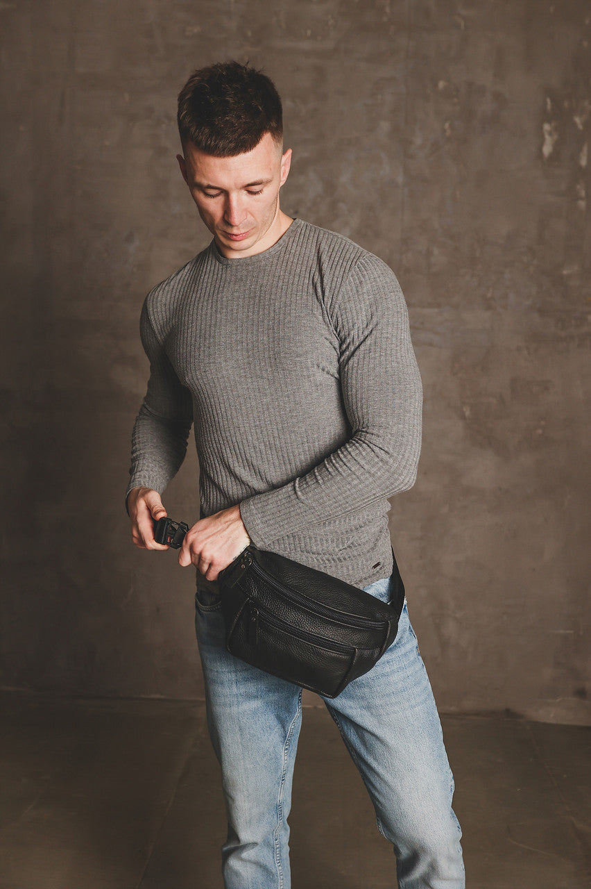 Handmade Black Genuine Leather Mens Banana Bag Waist Fanny Pack Gift for Him
