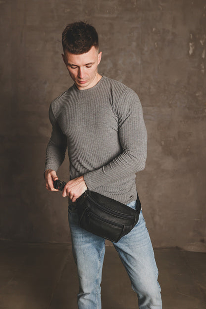 Handmade Black Genuine Leather Mens Banana Bag Waist Fanny Pack Gift for Him