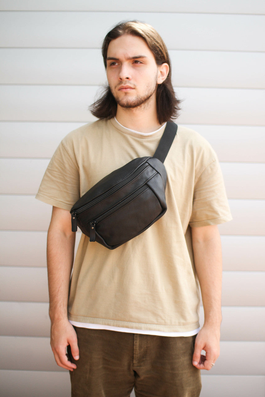 Handmade Mens Black Leather Belt Bag Gift For Him