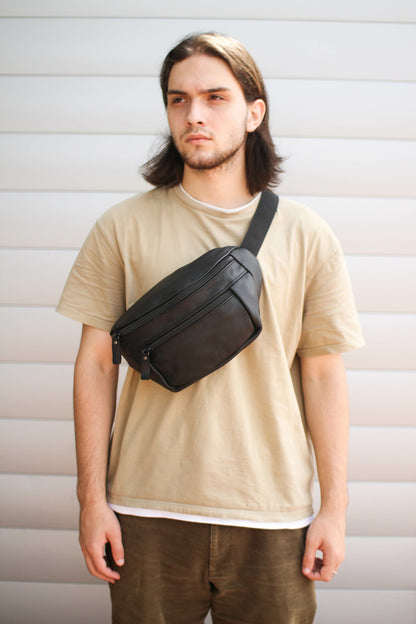 Handmade Mens Black Leather Belt Bag Gift For Him