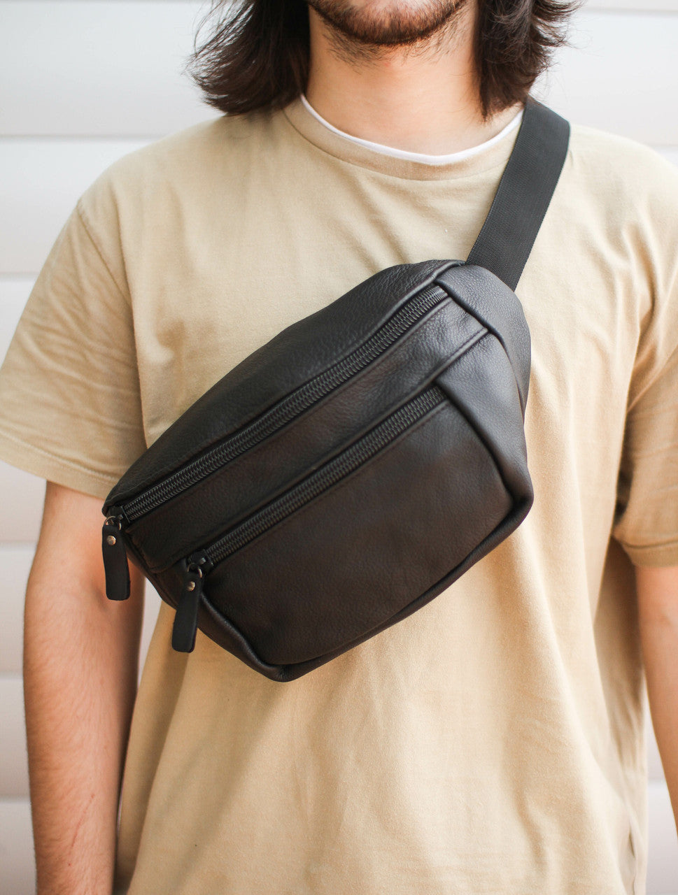 Handmade Mens Black Leather Belt Bag Gift For Him
