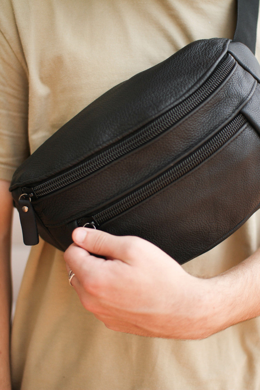 Handmade Mens Black Leather Belt Bag Gift For Him