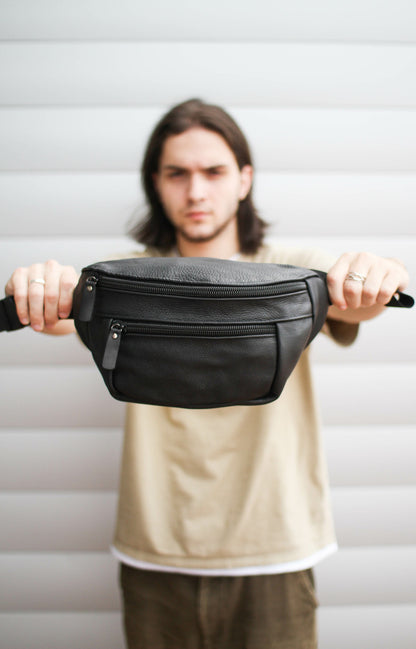 Handmade Mens Black Leather Belt Bag Gift For Him