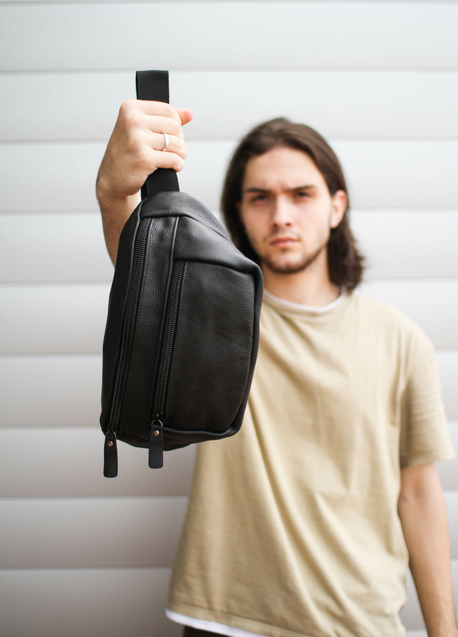 Handmade Mens Black Leather Belt Bag Gift For Him