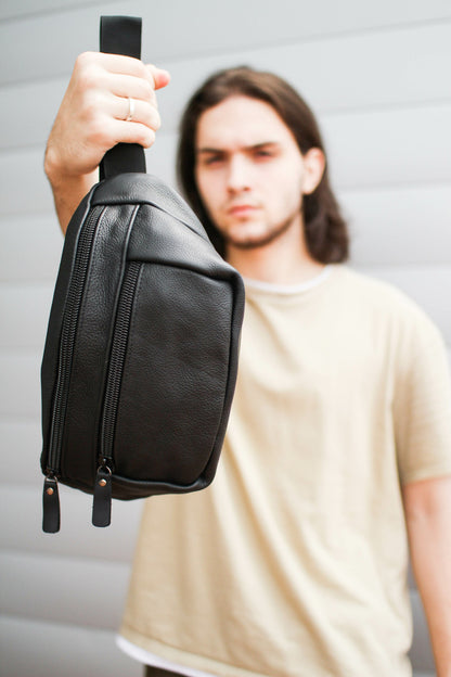 Handmade Mens Black Leather Belt Bag Gift For Him