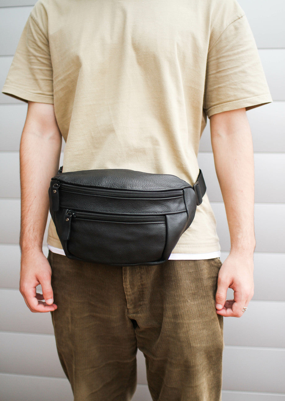 Handmade Mens Black Leather Belt Bag Gift For Him