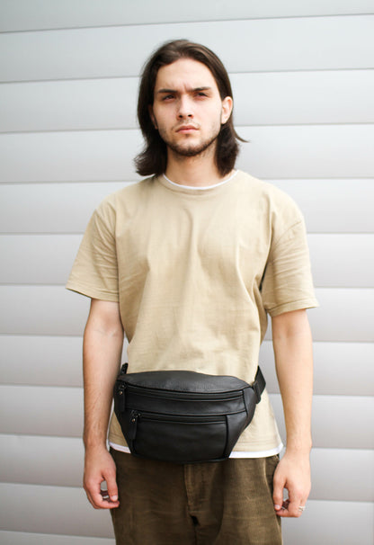 Handmade Mens Black Leather Belt Bag Gift For Him
