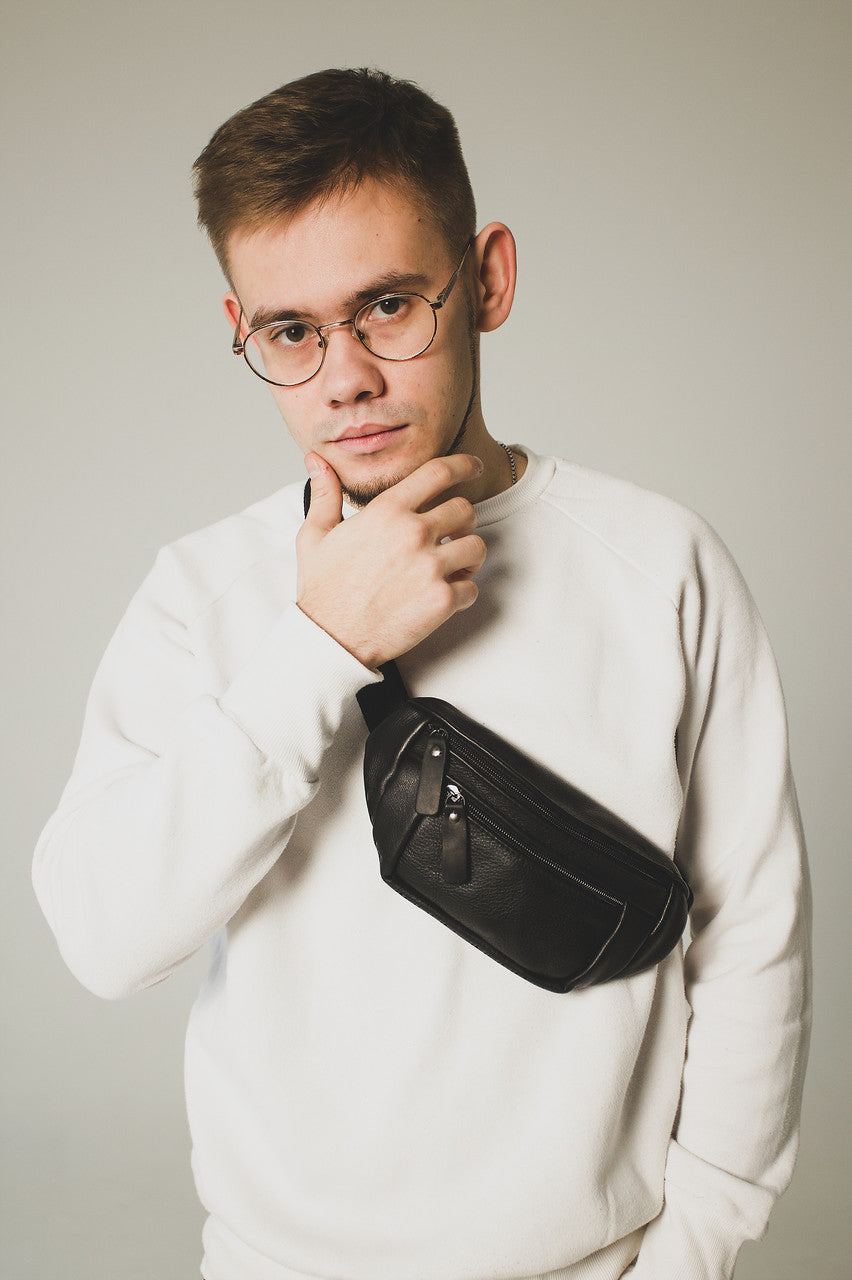 Handmade Black Genuine Leather Mens Banana Bag Waist Bag Gift For Him