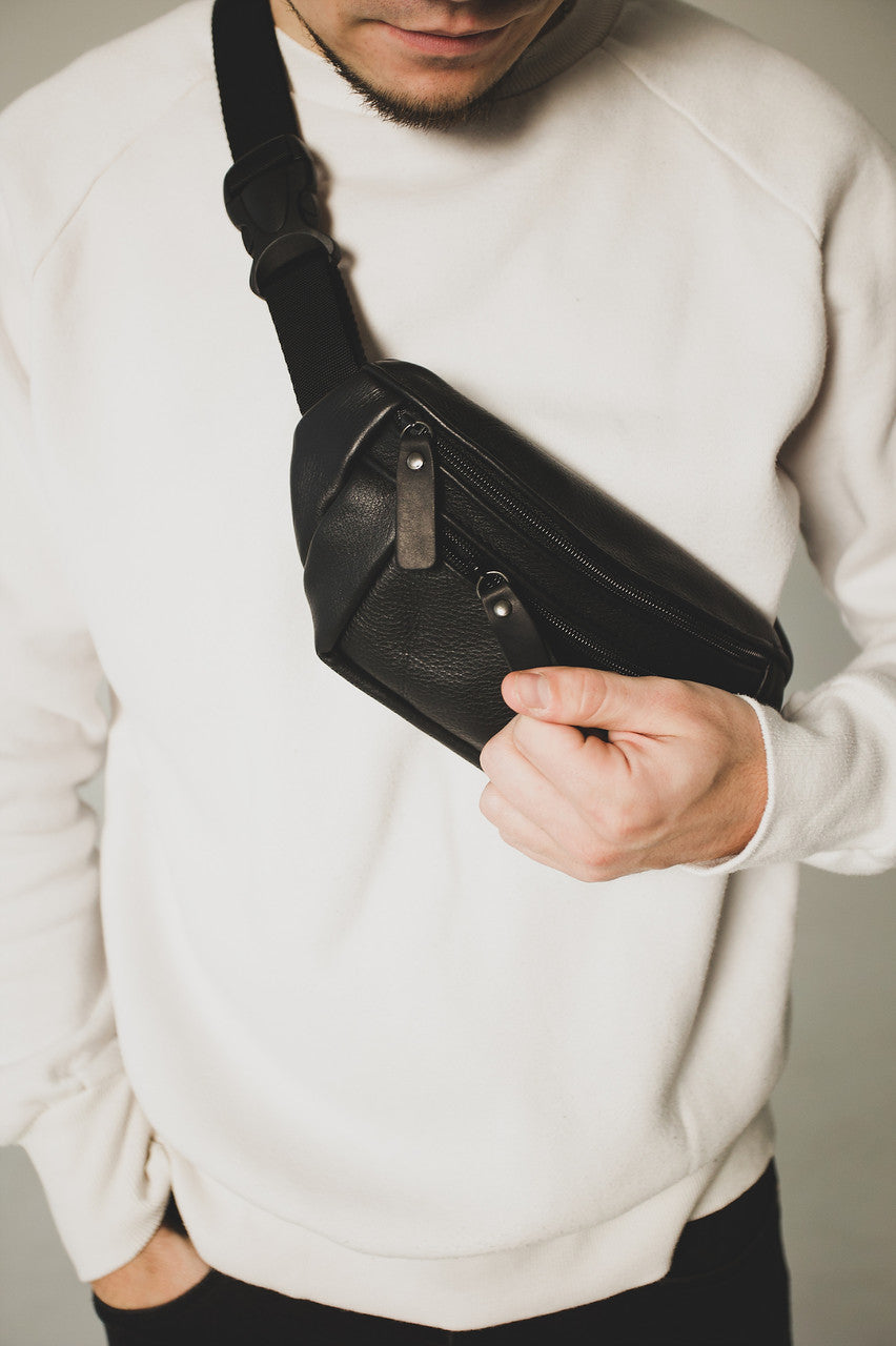 Handmade Black Genuine Leather Mens Banana Bag Waist Bag Gift For Him