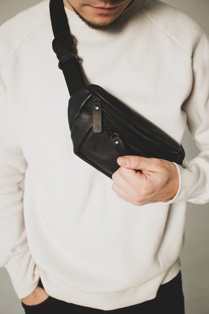 Handmade Black Genuine Leather Mens Banana Bag Waist Bag Gift For Him