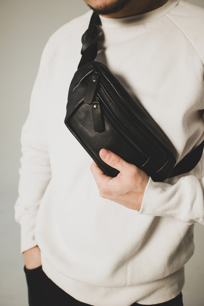 Handmade Black Genuine Leather Mens Banana Bag Waist Bag Gift For Him