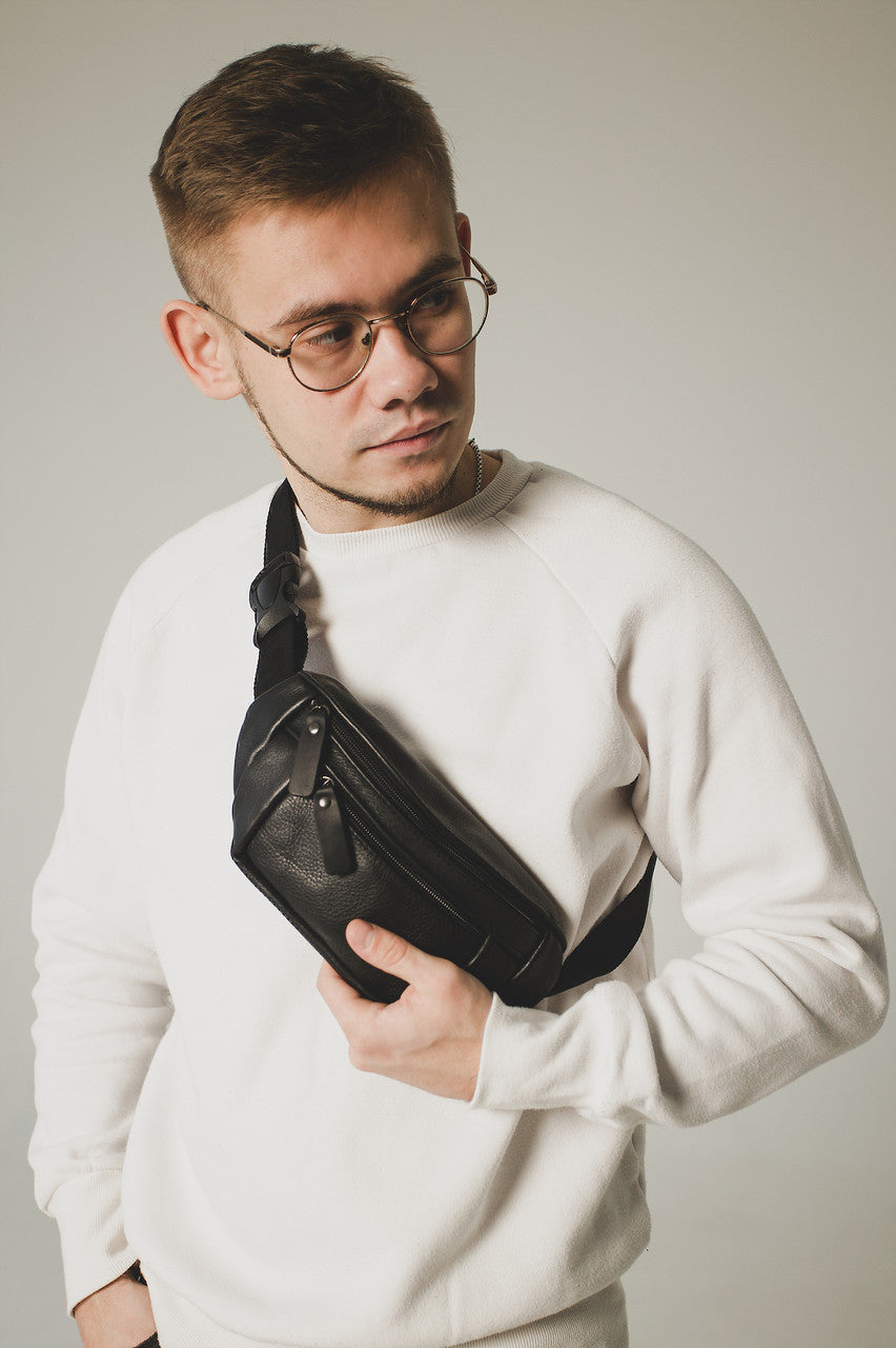 Handmade Black Genuine Leather Mens Banana Bag Waist Bag Gift For Him