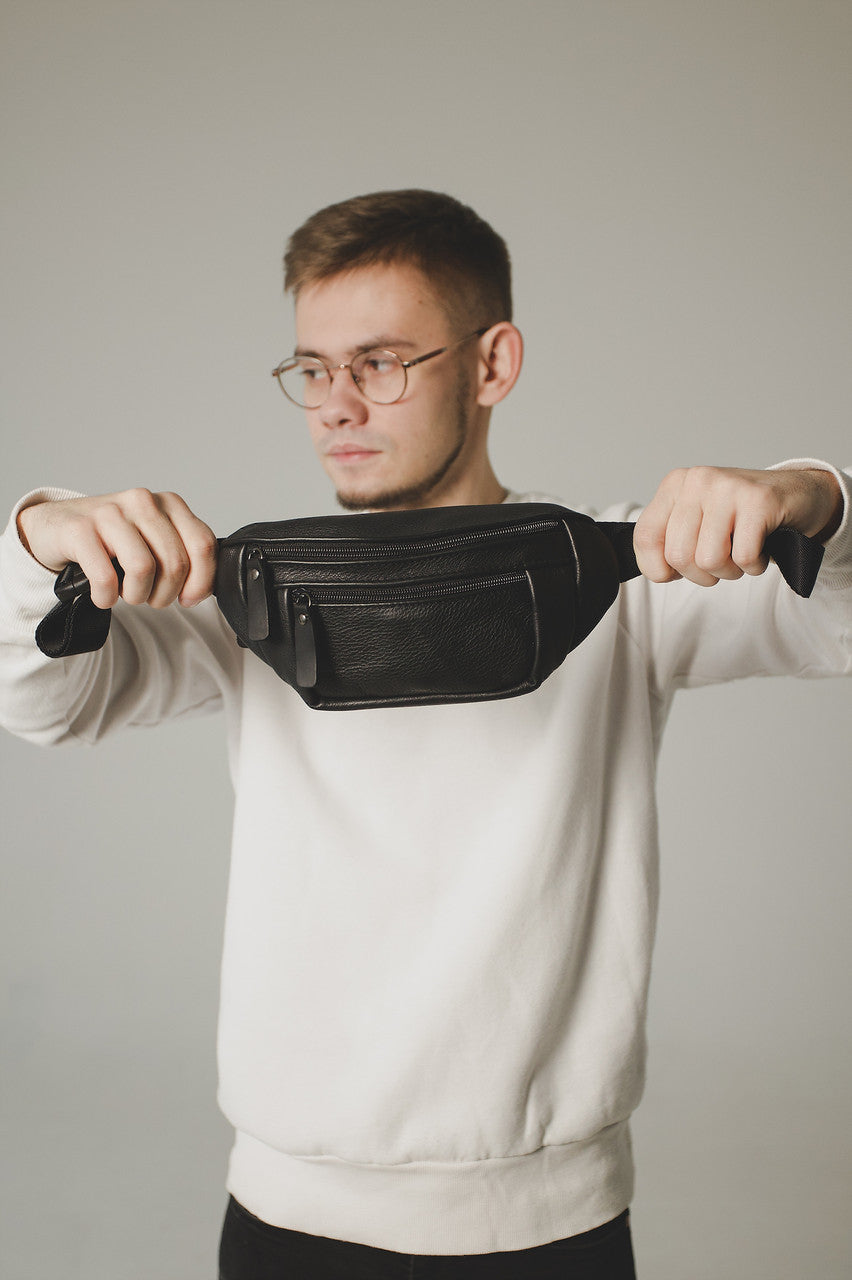 Handmade Black Genuine Leather Mens Banana Bag Waist Bag Gift For Him