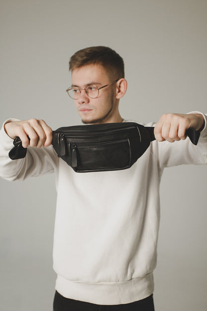 Handmade Black Genuine Leather Mens Banana Bag Waist Bag Gift For Him